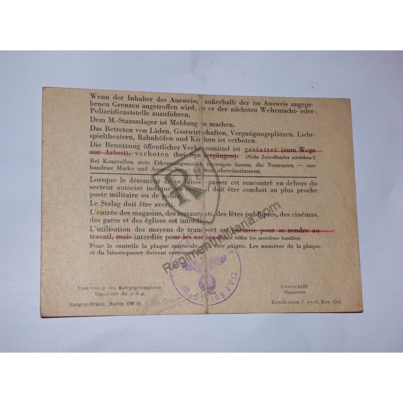 Prisonnier de guerre - Laissez-passer Stalag IV G