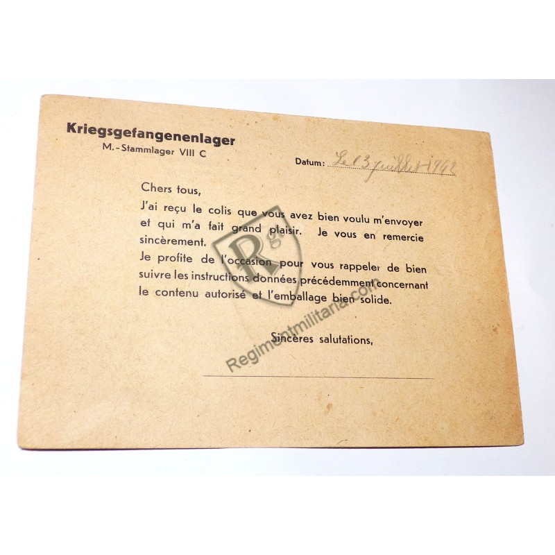 Prisonnier de guerre - Colis reçu Stalag VIII C