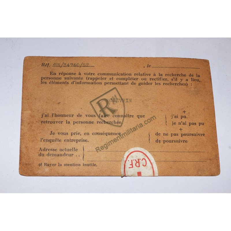 French Prisoner of War red cross research section card