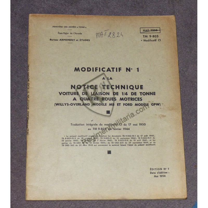 JEEP Amendment C1 TM 9-803 French technical manual