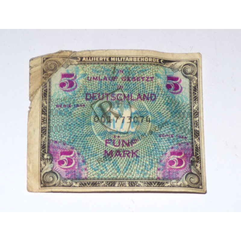 Bank note for American occupation of Germany 5 marks