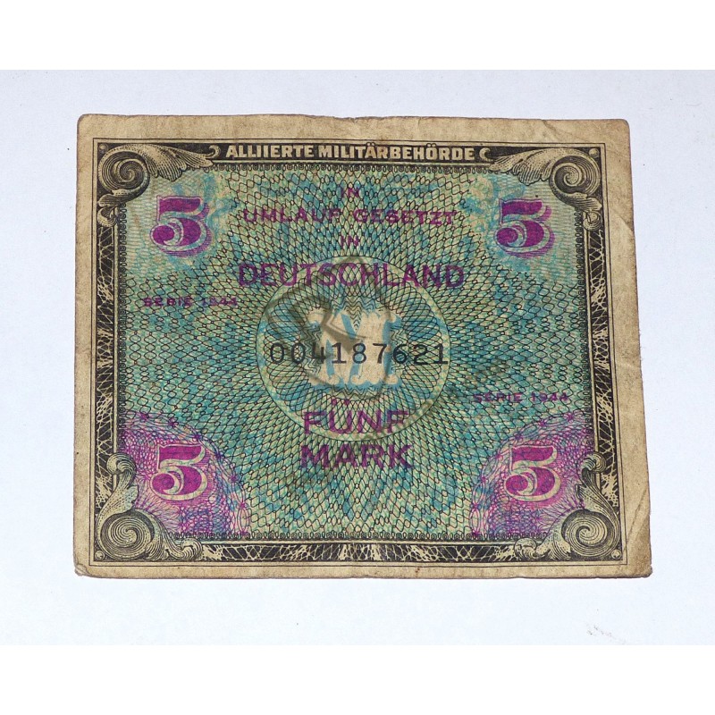 Bank note for American occupation of Germany 5 marks