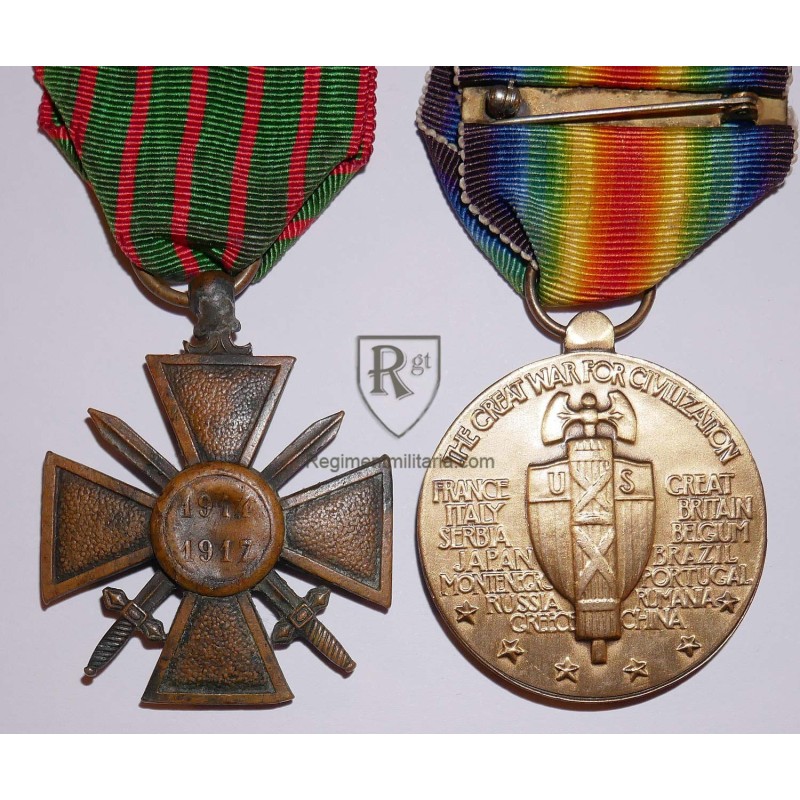 Ensemble médaille US Victory et croix de guerre 1917.